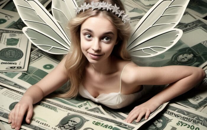 top half of a fairy amongst a pile of fake money